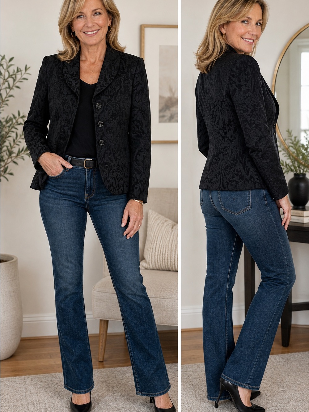 Ann Taylor Vintage Black Damask Jacquard 90’s Blazer Jacket Sz 6 Beaded Button